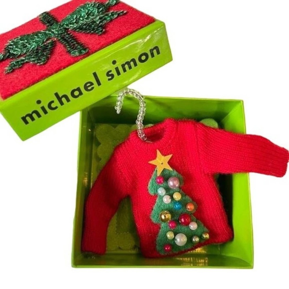 Michael Simon Mini Sweater Ornament Christmas Tree Red Beaded Hanger Art Box VTG